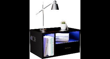 Nachtkastje - Wandnachtkastje - Nachtkastje met verlichting - 1 stopcontact, 2 USB-poorten - Nachtkastje met 1 lade - Zwart nachtkastje - Nachtkastje voor de slaapkamer 46,5 x 30 x 25,5 cm