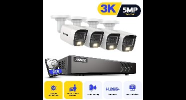 4-camerabeveiligingssysteem – Bewakingscamera Set – CCTV Camera Kit – Videobewaking – Binnenbeveiliging – Wit – 2TB Opslag – Colour Night Vision – Mensen- en Voertuigdetectie