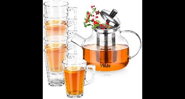 Theepot met Filter Glas met Glazen 850 ml / 255 ml 7 delig - Koffie- en Thee Pot - Infuser - Theezeef - Filter - Zeef