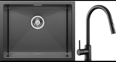 Auralum Max Spoelbak voor keuken 55x44cm Antraciet - Spoelbak Keuken Met Keukenkraan - Spoelbakken met sifon en overloopset - Enkele spoelbakken