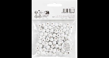 Houten Kralen, d 8 mm, gatgrootte 2 mm, ca. 80 stuk, wit, 15 gr/ 1 doos