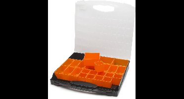 Opbergdoos Met Uitneembare Vakken – Kunststof Organizer Met Transparante Deksel – 24 Verplaatsbare Oranje Bakjes In 3 Formaten – Stevige Sluitclips – 400 × 370 × 58 mm – Geschikt Voor Schroeven, Onderdelen En Werkplaatsorganisatie [10968]