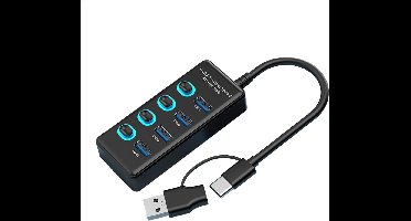 Kraftverdia USB C Hub - USB Splitter met Voeding - 4 Poorten - USB 3.0 - Docking Station - USB C naar USB A - 5 Gbps - Zwart