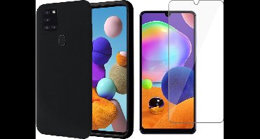 Hoesje geschikt voor Samsung Galaxy A21s - Liquid Siliconen Case Zwart + Screen Protector