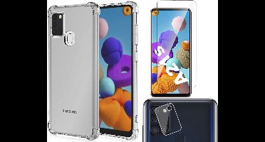 Hoesje geschikt voor Samsung Galaxy A21s - Transparant Shock Proof Case + Screen Protector + Camera Protector