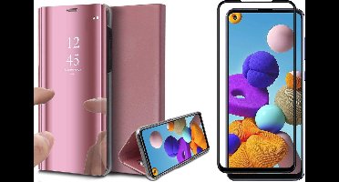 Hoesje geschikt voor Samsung Galaxy A21s - Screen Protector FullGuard - Book Case Spiegel Roségoud & Screenprotector