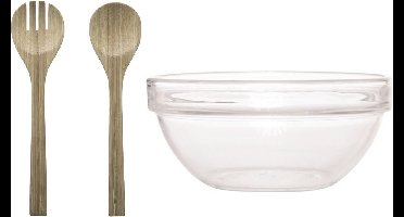 Luminarc Slakom/serveerschaal en bamboe slacouvert - Glas - D29 cm