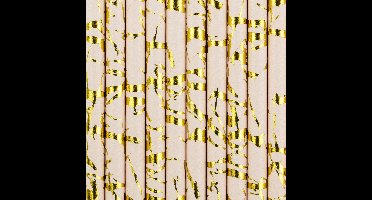 Partydeco Drinkrietjes - papier - 10x - poederroze/goud - 19,5 cm - rietjes