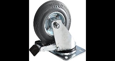 Tarsus Zwenkwiel met rem - 125 mm - Stalen velg - Massieve rubberband - 80 kg draagvermogen