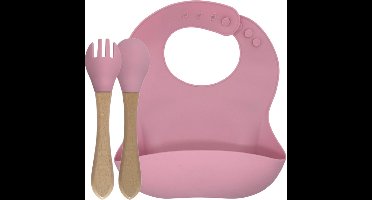 green-goose® Baby Slabbetje en Bestek | Roze | Duurzaam Bamboe en Siliconen | Eco Kraamcadeau