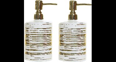 Items Zeeppompje/dispenser - 2x - glas - wit met gouden strepen - 450 ml - navulbaar - keuken/toilet/badkamer