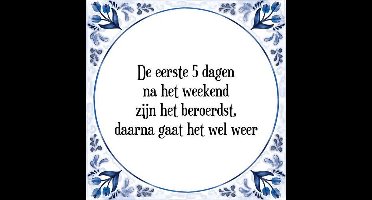 Tegeltje met Spreuk (Tegeltjeswijsheid): De eerste 5 dagen na het weekend zijn het beroerdst, daarna gaat het wel weer + Kado verpakking & Plakhanger