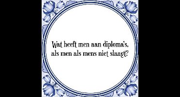 Tegeltje met Spreuk (Tegeltjeswijsheid): Wat heeft men aan diploma's, als men als mens niet slaagt? + Kado verpakking & Plakhanger