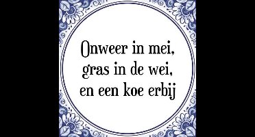 Tegeltje met Spreuk (Tegeltjeswijsheid): Onweer in mei, gras in de wei, en een koe erbij + Kado verpakking & Plakhanger