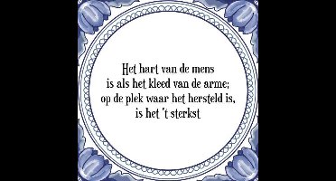 Tegeltje met Spreuk (Tegeltjeswijsheid): Het hart van de mens is als het kleed van de arme; op de plek waar het hersteld is, is het 't sterkst + Kado verpakking & Plakhanger