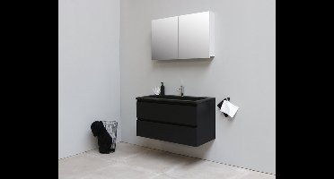Basic Bella Badkamermeubelset - 100x55x46cm - 1 wasbak - Acryl - Zwart - 1 kraangat - Spiegelkast zonder verlichting - Melamine Zwart mat