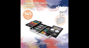 Aluminium schilderkoffer 145 stuks met kleurpotloden, kleurpotloden en aquarelverf inclusief accessoires