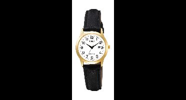 Q&Q C31A-004PY - Horloge - Analoog - Dames - Vrouwen - Leren band - Rond - Metaal - Cijfers - Datumaanduiding - Zwart - Goudkleurig - Wit - 3 ATM