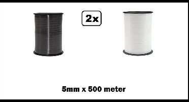 2x Krullint zwart en wit 5mm x 500meter krul lint kerst thema feest decoratie kado kado gold verjaardag