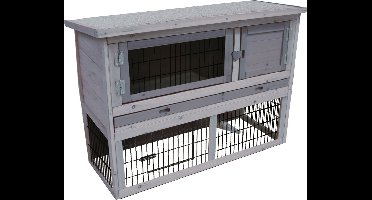 Konijnenhok met ren – Compact konijnenhok voor buiten met 2 verdiepingen en nachthok – 111x45x78 cm – Flamingo Konijnenhok Loft Cottage Grijs