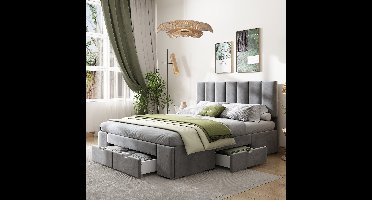 Gestoffeerd bed 140 x 200 cm - huidvriendelijk fluwelen stoffen bed met lattenbodem - tweepersoonsbed met rugleuning en vier laden - grijs