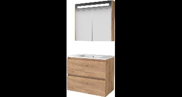 Basic Premium 46 badmeubelset met spiegelkast met geïntegreerde LED verlichting, greeploze wastafelonderkast met 2 lades en porseleinen wastafel met 1