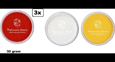 3x Aqua face & body paint rood/geel/wit 30gram.