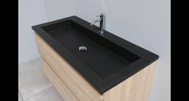 Basic Bella Badkamermeubelset - 100x55x46cm - 1 wasbak - Acryl - Zwart - 1 kraangat - Wandspiegel met verlichting - MDF Eiken