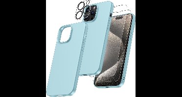 Hoesje Geschikt voor iPhone 15 Pro – Zacht siliconen liquid backcover met 2x screenprotector gehard glas en 1x lens protector – Mint Groen