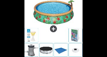 Bestway Rond Opblaasbaar Fast Set Zwembad - Paradijsprint - 457 x 84 cm - Inclusief Pomp - Afdekzeil - Grondzeil - Verlichting - 7-delig