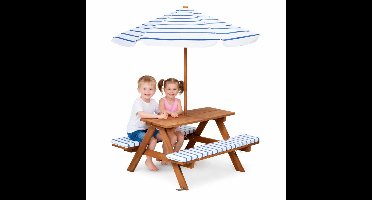 Pro Garden Picknicktafel voor kinderen - blauw/wit - 75 x 75 cm - hout/polyester - incl parasol - incl 2 kussens - tuinset