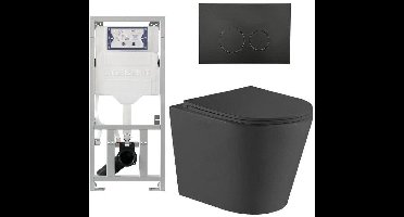 QeramiQ Dely Toiletset - 36.3x51.7cm - diepspoel - rimless - Geberit UP320 inbouwreservoir - met Burda frame - softclose toiletzitting - mat zwarte bedieningsplaat - rechtehoekige knoppen - zwart mat