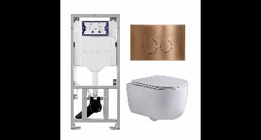 QeramiQ Dely Swirl Toiletset - 36.3x51.7cm - Geberit UP320 inbouwreservoir - met Burda frame - slim zitting - koperen bedieningsplaat - ronde knoppen - wit glans