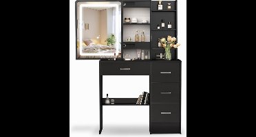 Make-uptafel met professionele LED-verlichting - Make-uptafel 80 cm met uitschuifbare spiegel, geïntegreerde opbergruimte, zwart