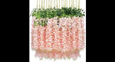 12 stuks kunstmatige blauweregenbloemen - 60 cm hangende blauweregenslinger - Kunstplanten - Hangende zijden blauweregenslinger voor huis en tuin - Bruiloftsdecoratie, feestdecoratie - lichtroze