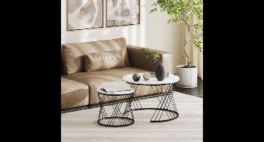 Koffietafel Set – Bijzettafel – Salontafel – Nestbare Tafels – Witte Zwarte Marmerlook – Ruimtebesparend Design – Stevig Metaal & Lichtgewicht Spaanplaat