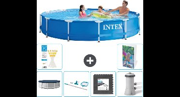 Intex Rond Frame Zwembad - 366 x 76 cm - Blauw - Inclusief Afdekzeil - Schoonmaakset - Vloertegels - Zwembadfilterpomp - 7-delig