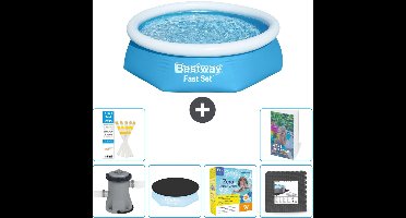 Bestway Rond Opblaasbaar Fast Set Zwembad - 244 x 61 cm - Blauw - Inclusief Pomp Afdekzeil - Onderhoudspakket - Vloertegels - 7-delig