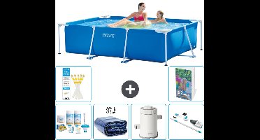 Intex Rechthoekig Frame Zwembad - 220 x 150 x 60 cm - Blauw - Inclusief Onderhoudspakket - Solarzeil - Zwembadfilterpomp - Stofzuiger - 7-delig