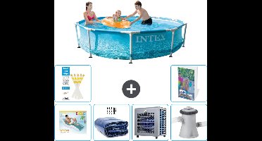 Intex Rond Frame Zwembad - 305 x 76 cm - Waterprint - Inclusief Loungebed - Solarzeil - Warmtepomp - Zwembadfilterpomp - 7-delig