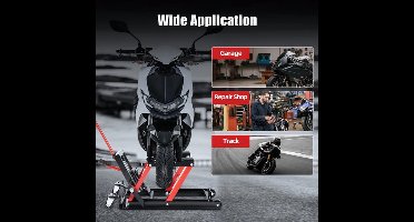 Motorfietsbrug – Motorlift – Hydraulische Motorbrug – Motorkrik – Werkplaatsbrug – 680 kg Belastbaar – Robuust Koolstofstaal Frame – Rood – Verstelbare Hefhoogte – 4 Zwenkwielen