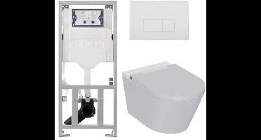 QeramiQ Luma Douche WC Set - Geberit UP320 inbouwreservoir - met Burda frame - fohn - ladydouche - glans witte kunststof bedieningsplaat - rechthoekige knoppen - glans wit