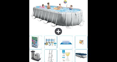 Intex Ovaal Prism Frame Zwembad - 610 x 305 x 122 cm - Grijs - Inclusief Pomp - Ladder - Grondzeil - Afdekzeil - Onderhoudspakket - Speelgoed - 9-delig