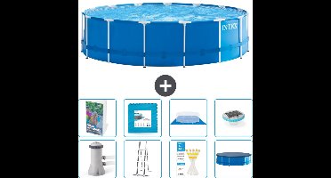 Intex Rond Frame Zwembad - 457 x 122 cm - Blauw - Inclusief Pomp - Ladder - Grondzeil - Afdekzeil - Vloertegels - Verlichting - 9-delig