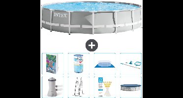 Intex Rond Prism Frame Zwembad - 457 x 107 cm - Grijs - Inclusief Pomp - Ladder - Grondzeil - Afdekzeil - Filter - Schoonmaakset - 9-delig