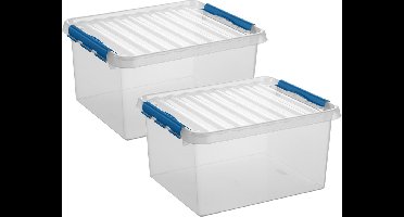 2x stuks sunware q-line opberg box/opbergdoos - 36 liter - 50 x 40 x 26 cm - kunststof - opslagbox - transparant/blauw