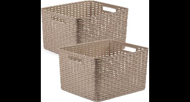 2x stuks rotan gevlochten opbergmand/opbergbox kunststof - taupe - 34 x 40 x 23 cm - Kast mandjes