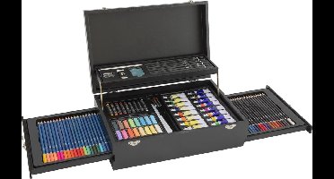 Nassau Fine Art Luxe Schilderskoffer - Complete 115-delige Set voor Kinderen en Volwassenen - Aquarelverf, Acrylverf, Kleurpotloden, en Meer - Prachtige Houten Opbergkoffer - Ideaal Cadeau voor de Feestdagen
