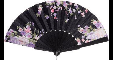 Cepewa Handwaaier/spaanse waaier Flowers - zwart - 30 cm - Verkoeling zomer