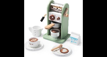 Houten Koffiezetapparaat – Speelkeuken Accessoire – Inclusief Kopjes, Borden, Melk & Opschuimer – Kinderspel & Fantasiespel – Dorjee